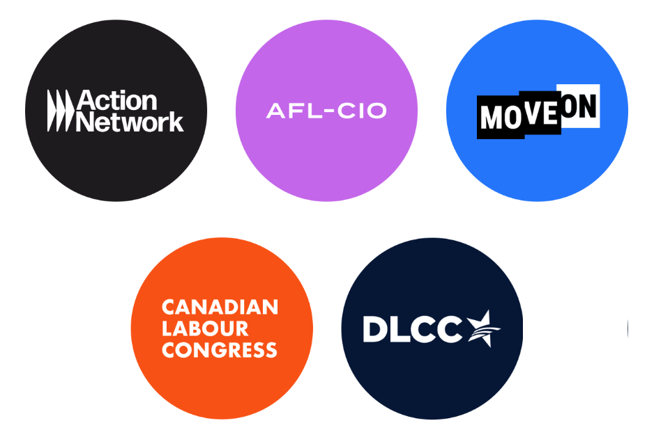 The logos for Action Network, AFL-CIO, MoveOn, Canadian Labour Congress, and the DLCC